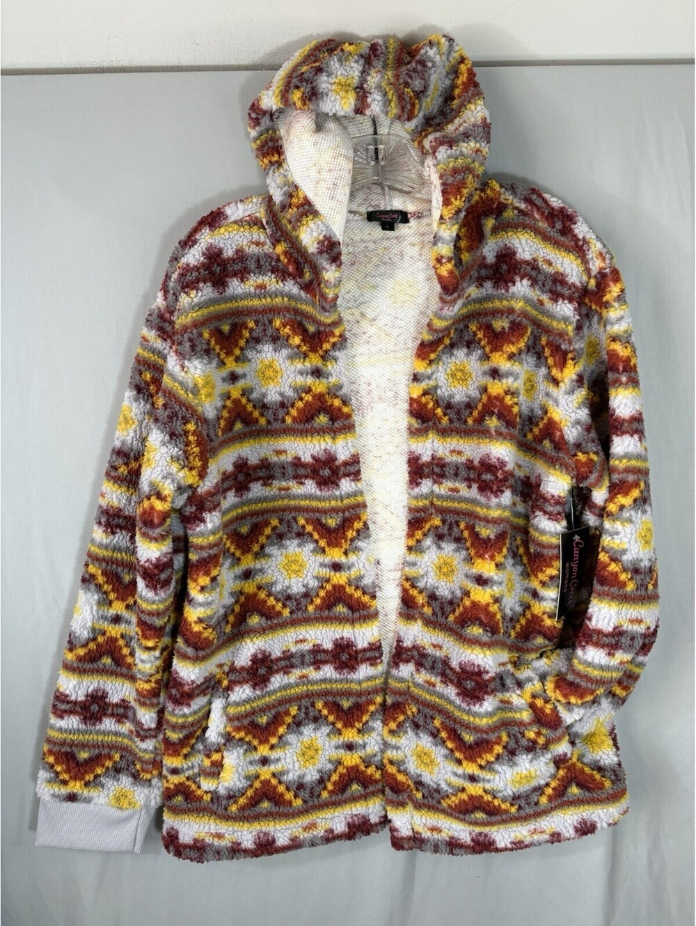 Canyon Creek Womens L Aztec Sherpa Fleece Hooded Cardigan Jacket NWT Boho